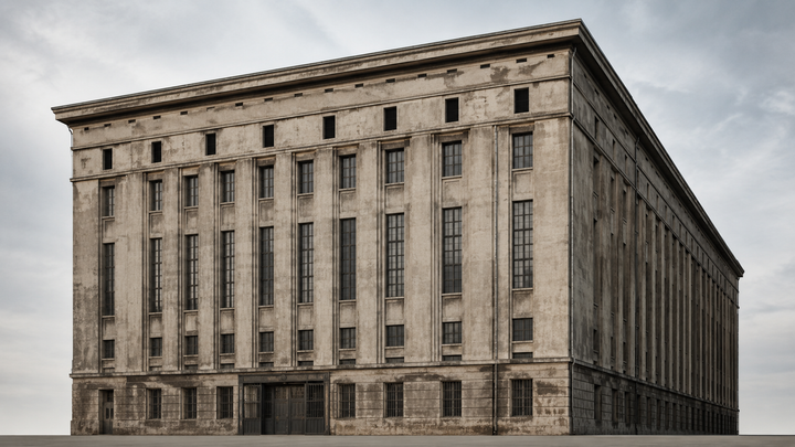 Illustration af Berghain-bygningen i Berlin med den karakteristiske industrielle facade